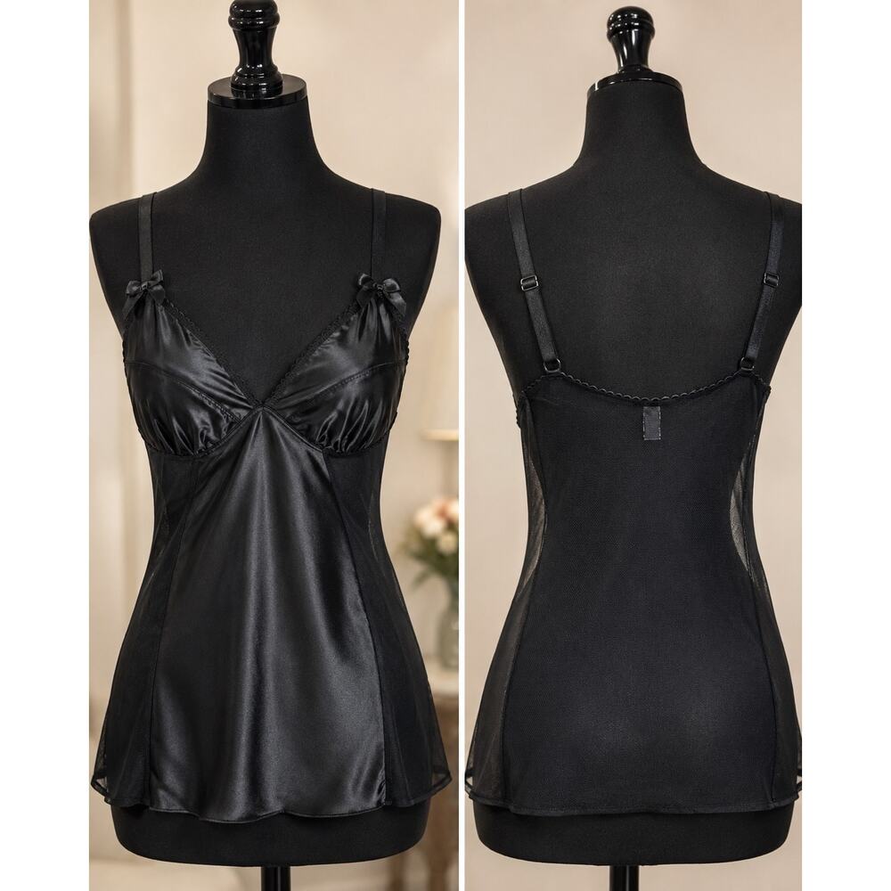 Torrid Y2K Black Satin Mesh Lingerie Cami 1 / 1X Sheer Babydoll Tank Top Straps